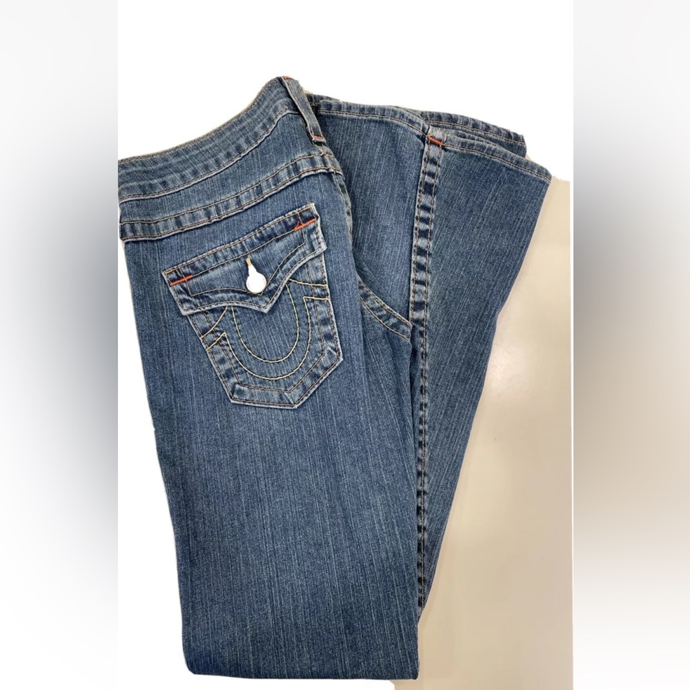 EUC True Religion Joey Bootleg Blue Medium Wash Jeans sz 29 33-34” Orange yellow